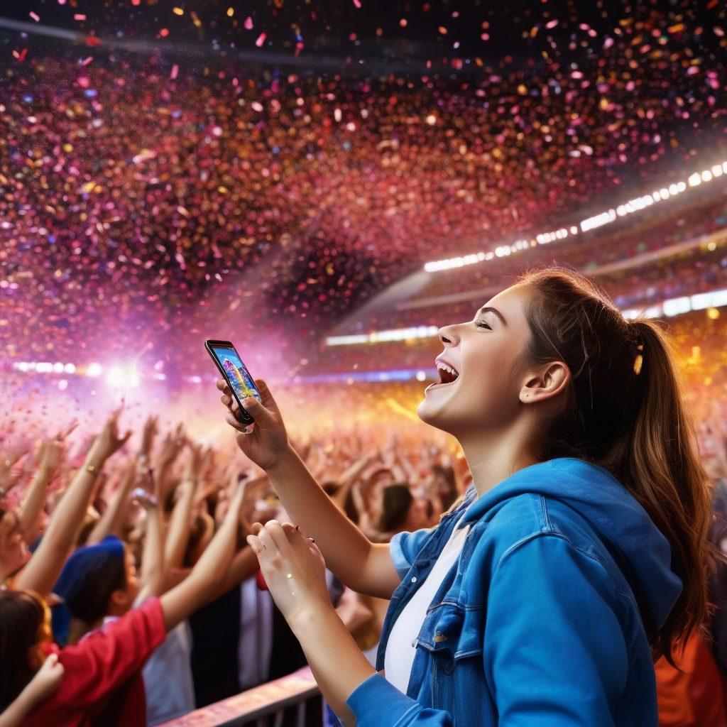 An enthusiastic crowd in a vibrant stadium, showcasing fans engaged in interactive activities like cheering, using handheld devices to vote or react in real-time. Bright confetti falling from above, emphasizing the festive atmosphere. A large screen displaying live highlights and fan reactions, with vivid colors in the background to evoke excitement. Illustrate diverse fans of all ages enjoying the experience together. super-realistic. vibrant colors. dynamic composition.