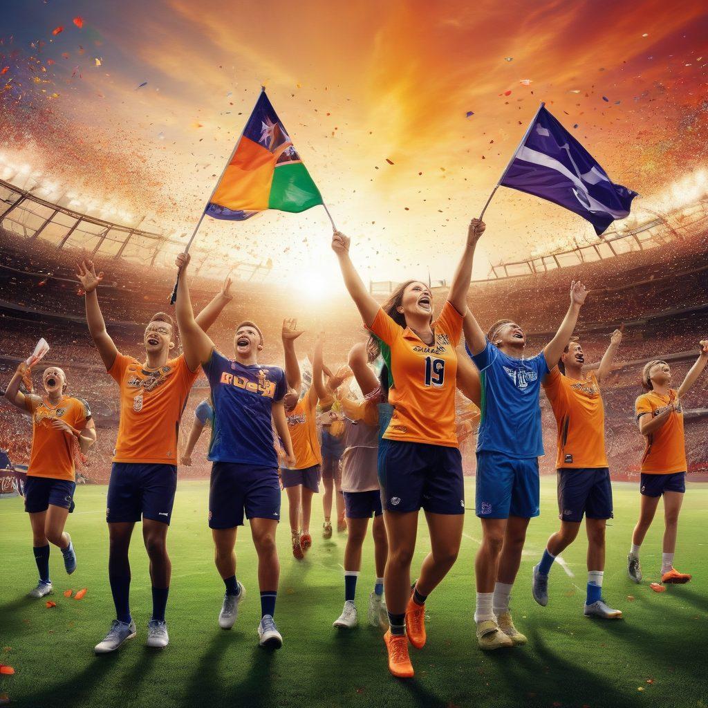 A vibrant collage showcasing various athletic adventures and spectacular events, featuring a diverse group of enthusiastic fans wearing colorful team jerseys, waving flags, and cheering in a stadium filled with excitement. Include elements like athletes in action, confetti in the air, and a sunset backdrop that enhances the euphoria of sports. super-realistic. vivid colors. dynamic composition.