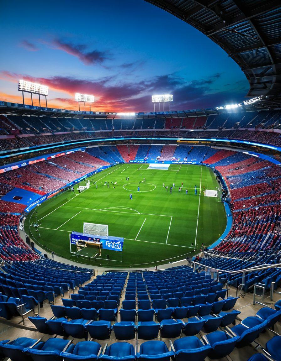 A vibrant stadium filled with excited fans, showcasing premium seating areas with plush chairs and a VIP lounge section. The view captures a thrilling game in progress, with players in action on the field and spectators cheering. Bright banners and flags wave in the crowd, creating an atmosphere of celebration. The sky is a brilliant blue, highlighting the energy of the game day. super-realistic. vibrant colors. 3D.